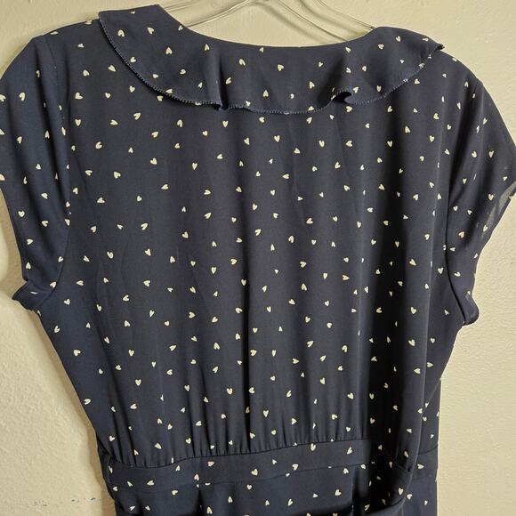 Sunday Best Heart Print Ruffle Mini Wrap Dress Navy Size 4 Date Night Out Brunch - Picture 8 of 11